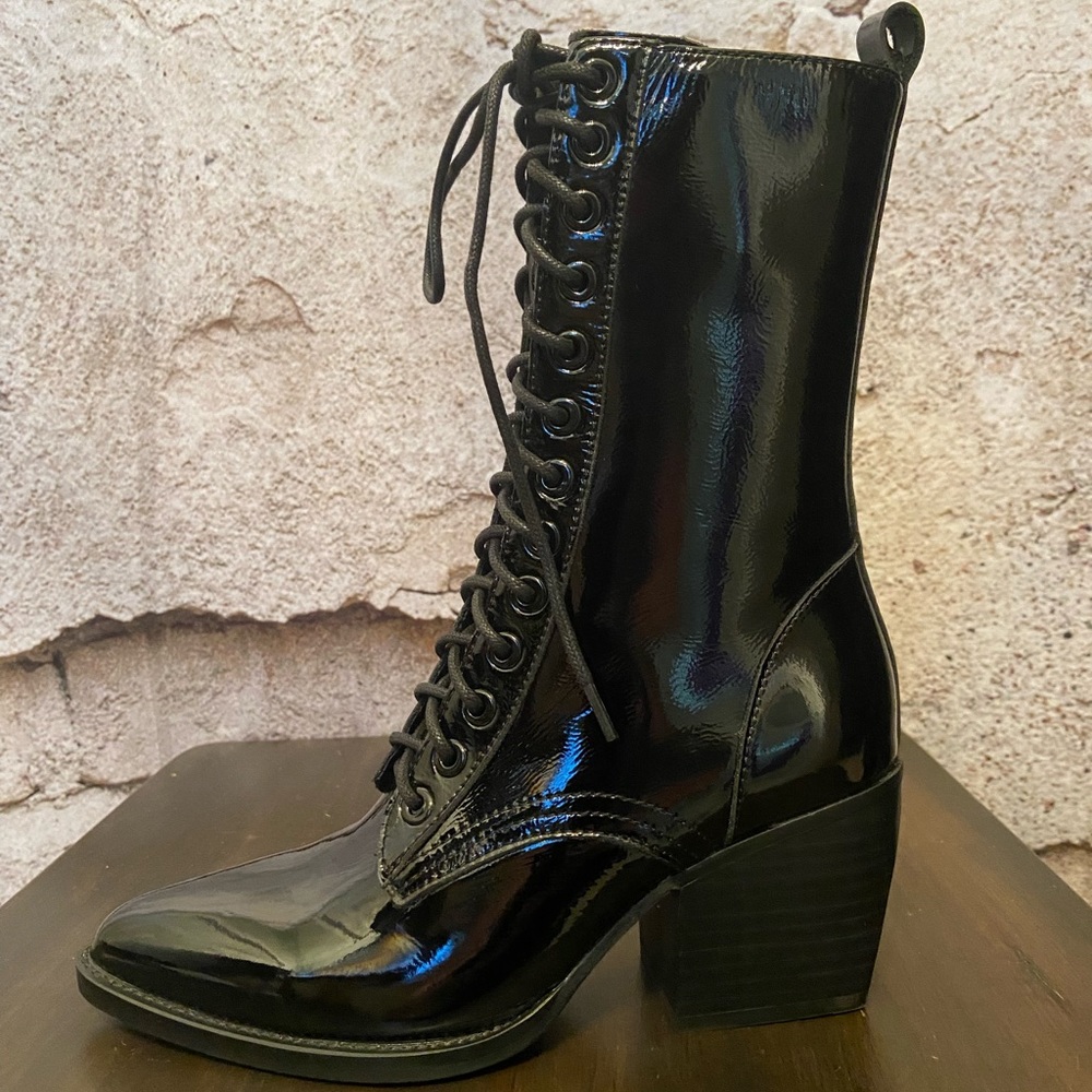 Django & Juliette Black Patent Tall Lace Up Boots NEW